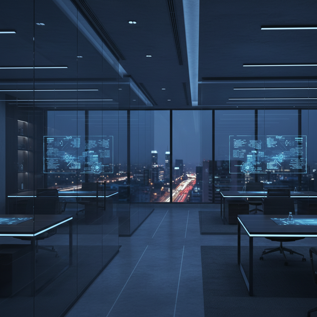 Premium corporate technology office with blue lighting and glass reflections