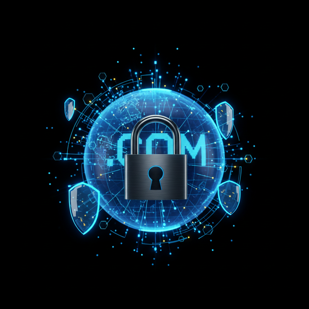 3D secured .com domain globe with lock, DNS nodes and blue glowing connection lines